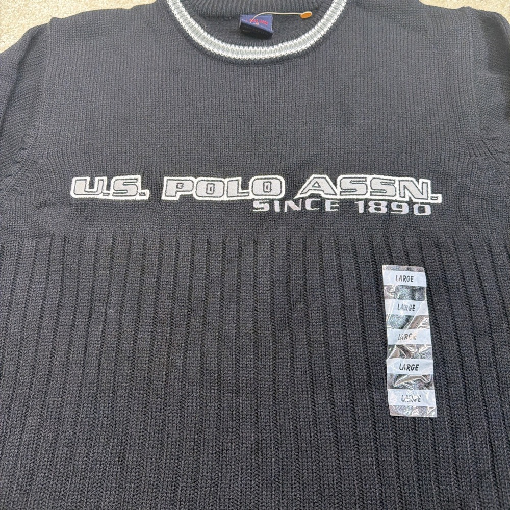 Vintage US Polo Assn Knit Sweater Mens Large Black White Spell Out Pullover - Picture 5 of 7